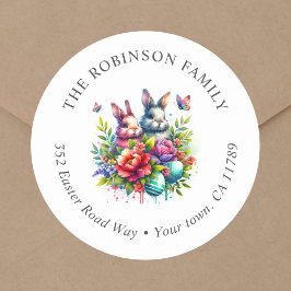 Pegatina Redonda Dirección de devolución floral de Pascua Bunny
