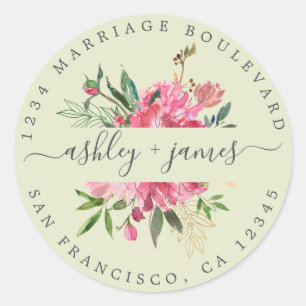 Pegatina Redonda Dirección de devolución floral rosa Dirección de S