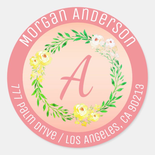 Pegatina Redonda Dirección de devolución, flores de acuarela, letra (Anverso)