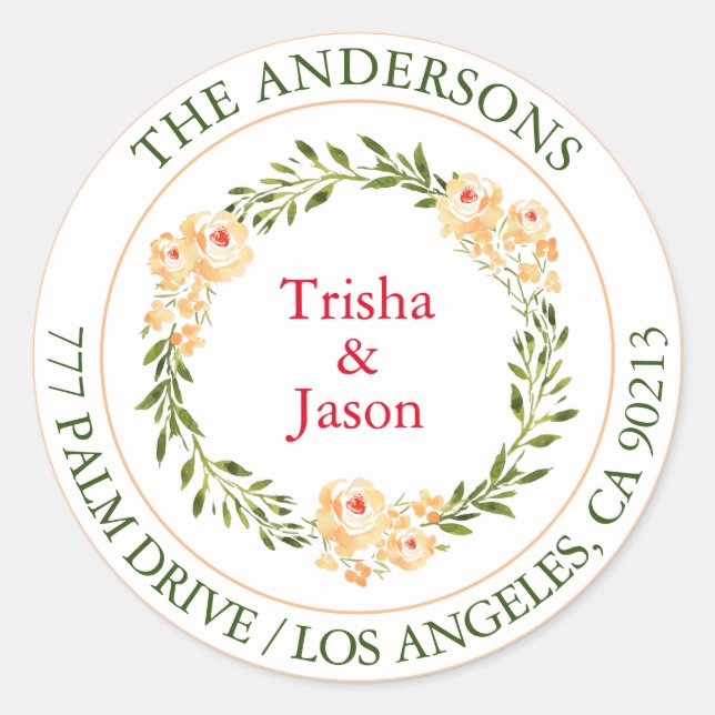 Pegatina Redonda Dirección de devolución, flores de melocotón W/C,  (Anverso)