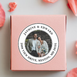 Pegatina Redonda Dirección de devolución moderna de foto de boda pe