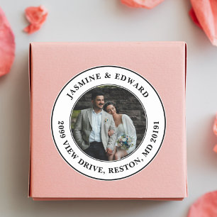 Pegatina Redonda Dirección de devolución moderna de foto de boda pe