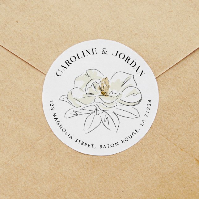 Pegatina Redonda Dirección de devolución moderna del Ilustracion Ma (Elegant Southern-inspired white magnolia illustration wedding return address label stickers.)