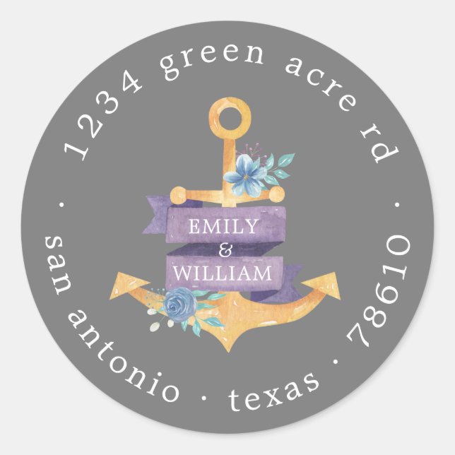 Pegatina Redonda dirección de devolución monograma dorado ancla flo (Anverso)