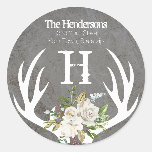 Pegatina Redonda Dirección de devolución monograma floral boho rúst (Anverso)