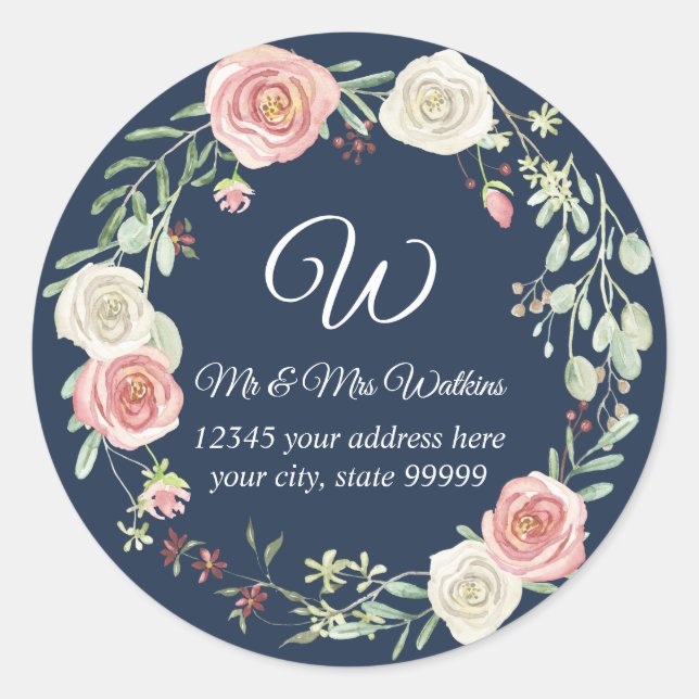 Pegatina Redonda Dirección de devolución monogramada floral rosa be (Anverso)