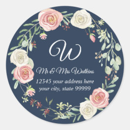 Pegatina Redonda Dirección de devolución monogramada rosa floral Na