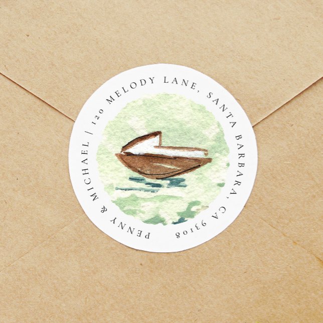Pegatina Redonda Dirección de devolución nautica del barco acuático (Watercolor boat nautical wedding returns address label circle sticker.)