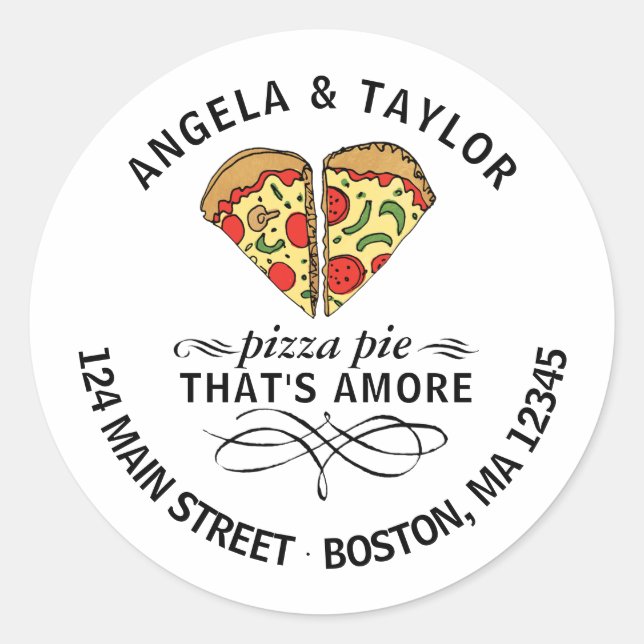 Pegatina Redonda Dirección de devolución Pizza Amor Pareja Nombres  (Anverso)