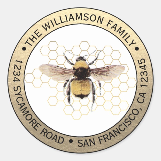 Pegatina Redonda Dirección de devolución redonda abeja rusticota (Anverso)