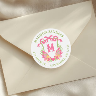 Pegatina Redonda Dirección de Escudo de monograma rosa y verde