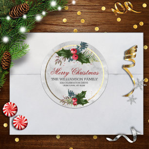 Pegatina Redonda Dirección de familia de Navidad de mármol y oro
