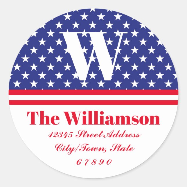 Pegatina Redonda Dirección de familia Estrellas y Franjas Rojo Blan (Anverso)