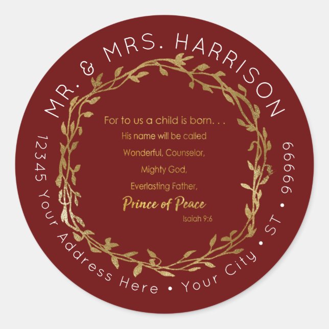 Pegatina Redonda Dirección de las Escrituras Cristianas Rojas y Oro (Anverso)