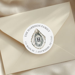 Pegatina Redonda Dirección de monograma de ostión costero acuarela