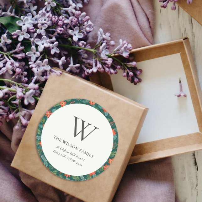 Pegatina Redonda Dirección de Monograma Floral de Navidades de Poin (Subido por el creador)