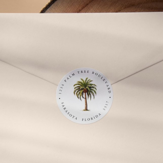 PEGATINA REDONDA DIRECCIÓN DE REGISTRO DE LA ISLA DE PALMA TROPICAL (ELEGAND ISLAND CHIC PALM TREE WATERCOLOR RETURN ADDRESS LABEL TO SEAL YOUR MAILING WITH STYLE)