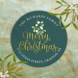 Pegatina Redonda Dirección de Regreso de Navidad Mistletoe Gold Mer