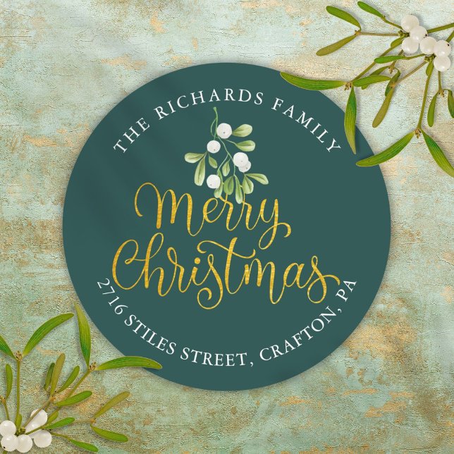 Pegatina Redonda Dirección de Regreso de Navidad Mistletoe Gold Mer (Mistletoe Gold Merry Christmas Return Address Classic Round Sticker)