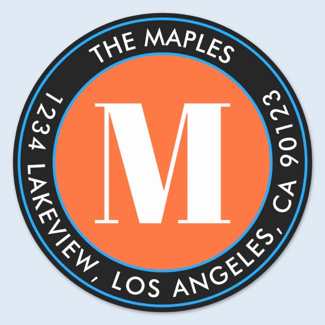 Pegatina Redonda Dirección de retorno azul del Naranja negro en neg (Subido por el creador)