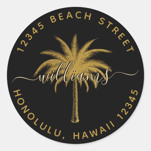 Pegatina Redonda Dirección de retorno de árbol de palma negro y dor (Anverso)