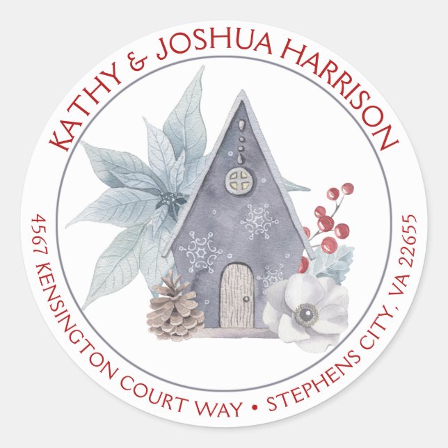 Pegatina Redonda Dirección de retorno de Birdhouse Poinsettias Berr (Anverso)