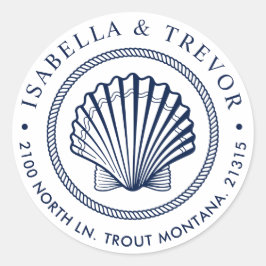 Pegatina Redonda Dirección de retorno de blanco de la concha de mar