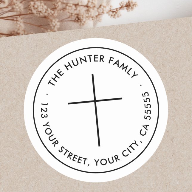 Pegatina Redonda Dirección de retorno de blancos crudos cristianos  (Minimalist Christian cross white return address Classic Round Sticker)