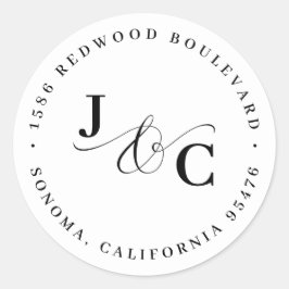Pegatina Redonda Dirección de retorno de Boda de monograma blanco y
