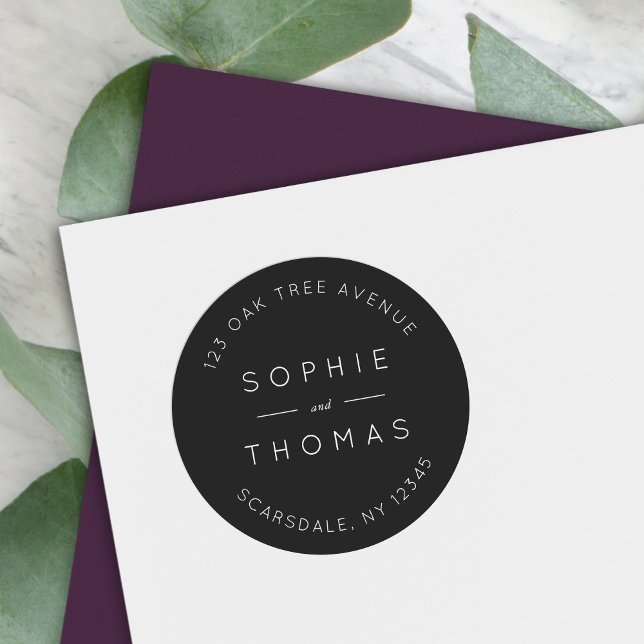 Pegatina Redonda Dirección de retorno de Boda negro moderna (Subido por el creador)