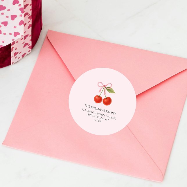 Pegatina Redonda Dirección de retorno de Cute Cherry Bow Coquette (Cute Cherry Bow Coquette return address Classic Round Sticker)