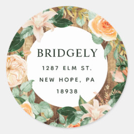 Pegatina Redonda Dirección de retorno de floral de madera rústica b