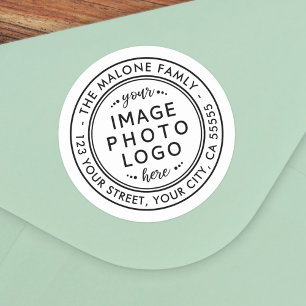 Pegatina Redonda dirección de retorno de foto o logotipo de adición