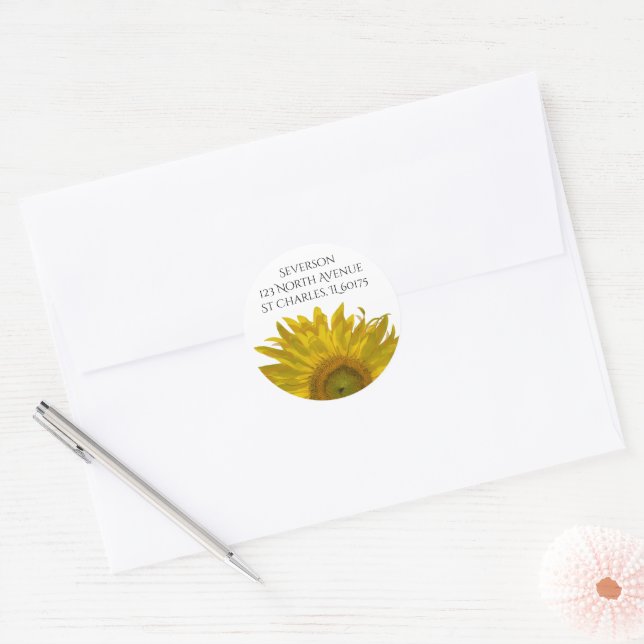 Pegatina Redonda Dirección de retorno de girasol amarillo (Sobre)