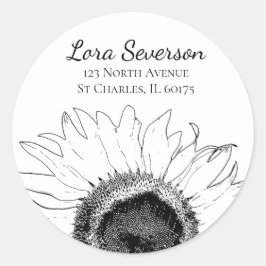 Pegatina Redonda Dirección de retorno de girasol blanco y negro