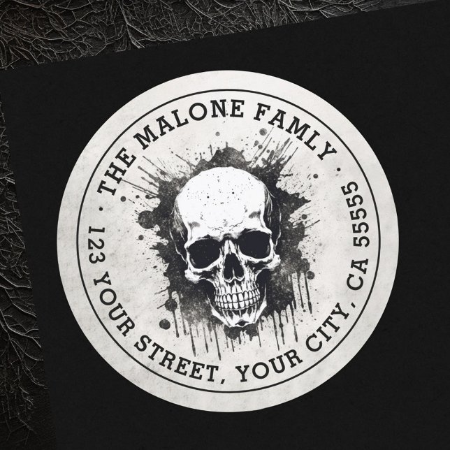 Pegatina Redonda Dirección de retorno de Halloween con gruns de crá (Skull grunge Halloween return address Classic Round Sticker)