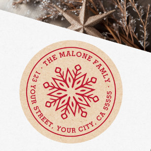 Pegatina Redonda Dirección de retorno de Kraft rojo con copo de nie