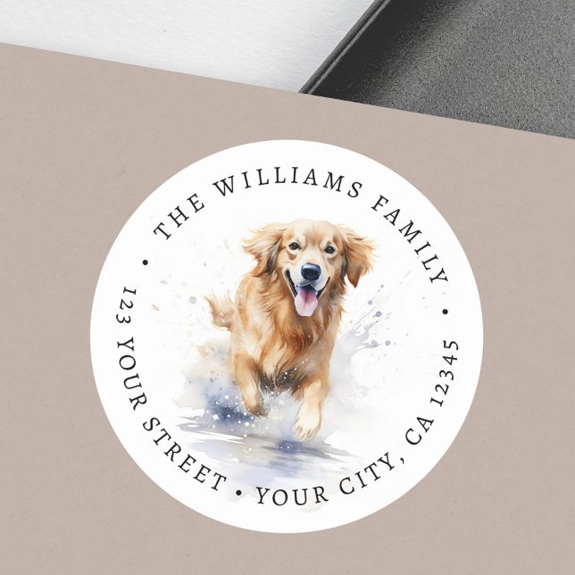 Pegatina Redonda Dirección de retorno de la acuarela del recuperado (Golden retriever watercolor return address classic round sticker)