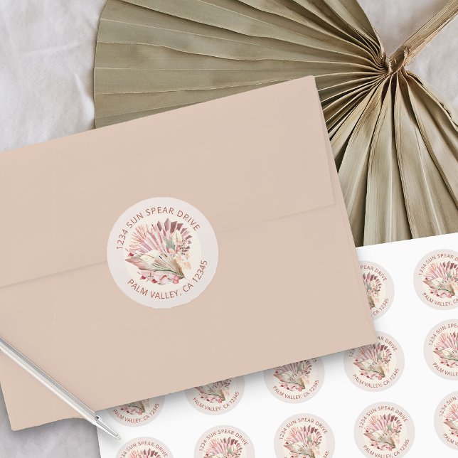 Pegatina Redonda Dirección de retorno de la floración tropical de p (Round address labels from my Boho Palm Bridal Shower Collection)