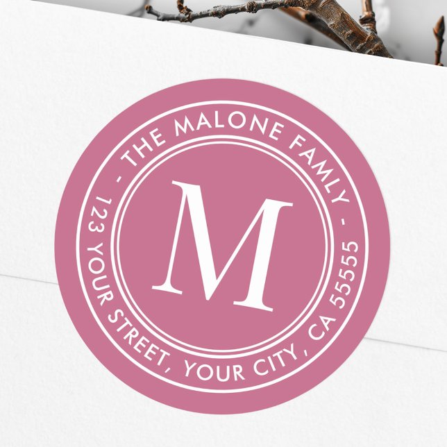 Pegatina Redonda Dirección de retorno de la maleta del rosa inicial (Monogram initial elegant rose mauve return address classic round sticker)