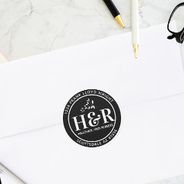 Pegatina Redonda Dirección De Retorno De Monograma De Boda Blanco Y