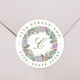 Pegatina Redonda Dirección de retorno de monograma de floral lúcida