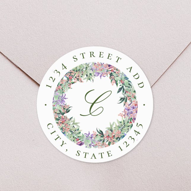Pegatina Redonda Dirección de retorno de monograma de floral lúcida (Subido por el creador)
