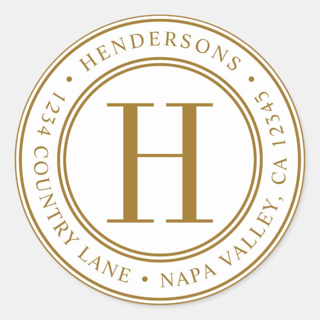 Pegatina Redonda Dirección de retorno de monograma elegante de oro (Anverso)