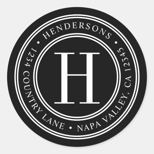 Pegatina Redonda Dirección de retorno de monograma elegante en blan (Anverso)