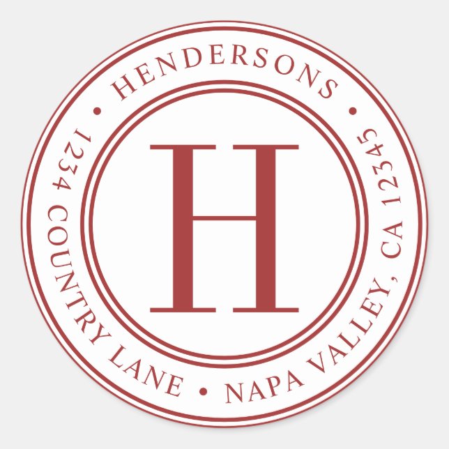 Pegatina Redonda Dirección de retorno de monograma elegante rojo (Anverso)