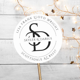 Pegatina Redonda Dirección de retorno de monograma simple Boda