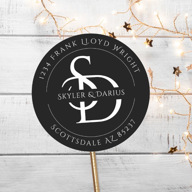 Pegatina Redonda Dirección de retorno de monograma simple Boda (Subido por el creador)