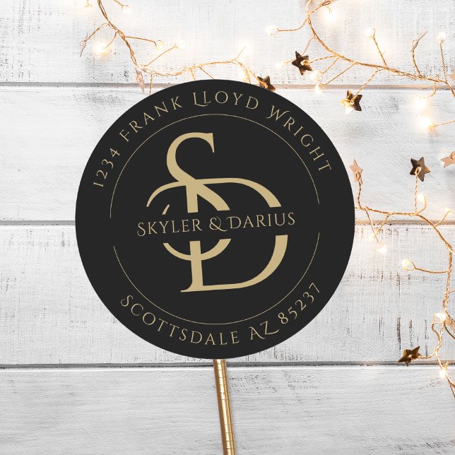 Pegatina Redonda Dirección de retorno de monograma simple Boda (Subido por el creador)