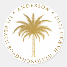 Pegatina Redonda Dirección de retorno de oro moderno de palmeras tr